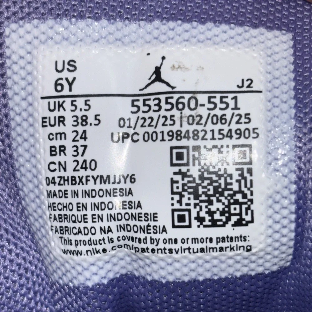 Air Jordan 1 Low Shoes Purple Big Kids (GS) Size 6Y/Women 7.5